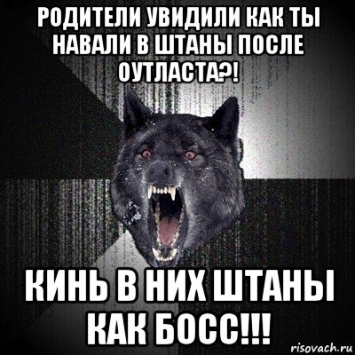 родители увидили как ты навали в штаны после оутласта?! кинь в них штаны как босс!!!, Мем Сумасшедший волк