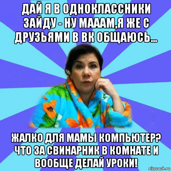 дай я в одноклассники зайду - ну мааам,я же с друзьями в вк общаюсь... жалко для мамы компьютер? что за свинарник в комнате и вообще делай уроки!, Мем типичная мама