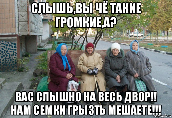 слышь,вы чё такие громкие,а? вас слышно на весь двор!! нам семки грызть мешаете!!!, Мем бабки у подъезда