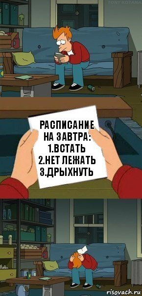 Расписание на завтра:
1.встать
2.нет лежать
3.дрыхнуть, Комикс  Фрай с запиской