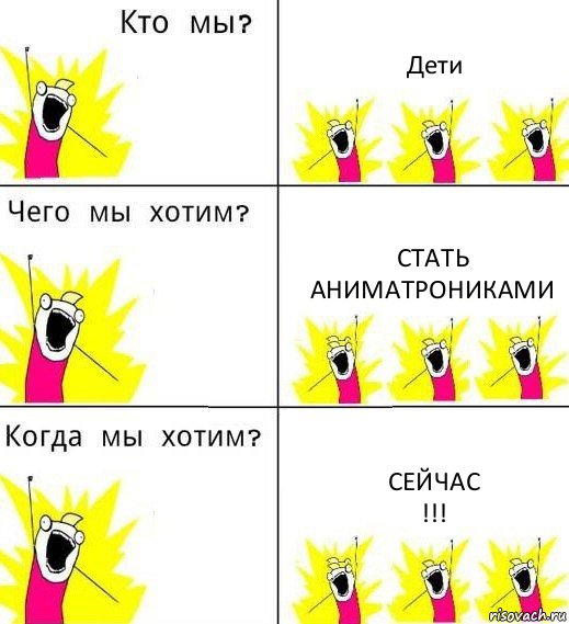 Дети Стать аниматрониками Сейчас
!!!, Комикс Что мы хотим