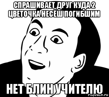 спрашивает друг куда 2 цветочка несёш погибшим нет блин учителю, Мем  Да ладно