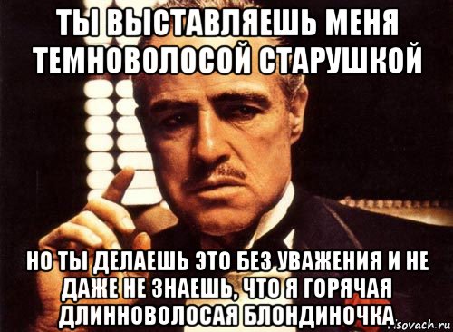 ты выставляешь меня темноволосой старушкой но ты делаешь это без уважения и не даже не знаешь, что я горячая длинноволосая блондиночка, Мем крестный отец