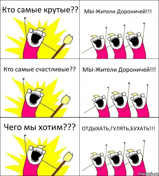 Кто самые крутые?? МЫ-Жители Дороничей!!! Кто самые счастливые?? МЫ-Жители Дороничей!!! Чего мы хотим??? ОТДЫХАТЬ,ГУЛЯТЬ,БУХАТЬ!!!