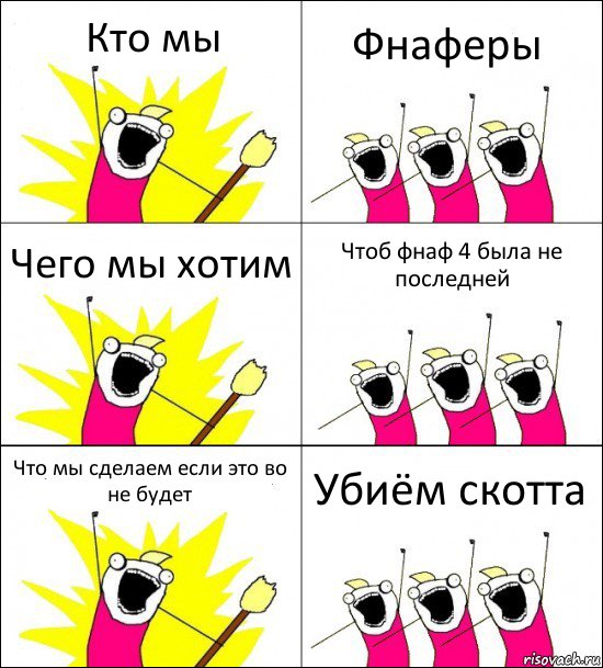 Кто мы Фнаферы Чего мы хотим Чтоб фнаф 4 была не последней Что мы сделаем если это во не будет Убиём скотта