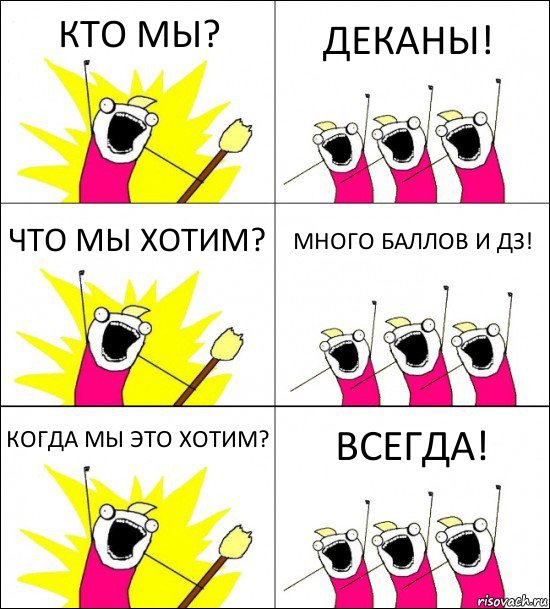 КТО МЫ? ДЕКАНЫ! ЧТО МЫ ХОТИМ? МНОГО БАЛЛОВ И ДЗ! КОГДА МЫ ЭТО ХОТИМ? ВСЕГДА!