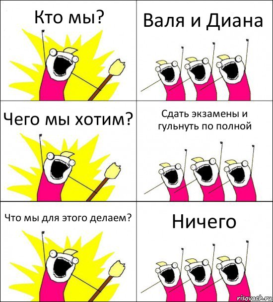 Кто мы? Валя и Диана Чего мы хотим? Сдать экзамены и гульнуть по полной Что мы для этого делаем? Ничего, Комикс кто мы