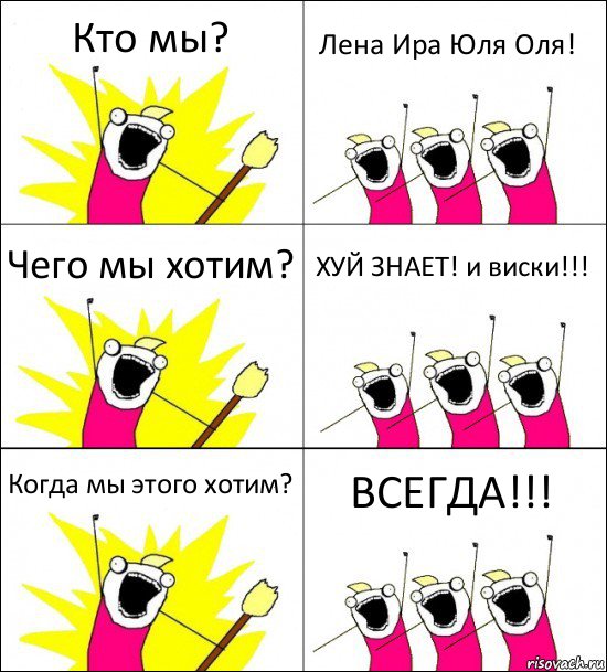 Кто мы? Лена Ира Юля Оля! Чего мы хотим? ХУЙ ЗНАЕТ! и виски!!! Когда мы этого хотим? ВСЕГДА!!!