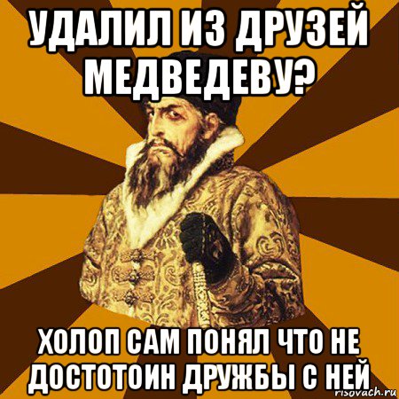 удалил из друзей медведеву? холоп сам понял что не достотоин дружбы с ней, Мем Не царское это дело