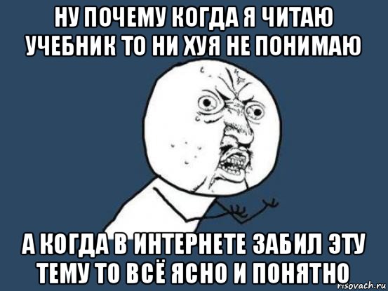 ну почему когда я читаю учебник то ни хуя не понимаю а когда в интернете забил эту тему то всё ясно и понятно, Мем Ну почему