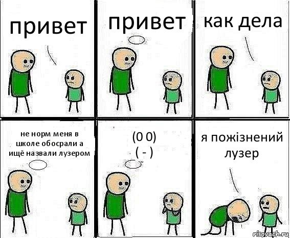 привет привет как дела не норм меня в школе обосрали а ищё назвали лузером (0 0)
( - ) я пожізнений лузер