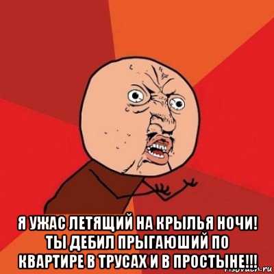  я ужас летящий на крылья ночи! ты дебил прыгаюший по квартире в трусах и в простыне!!!, Мем Почему