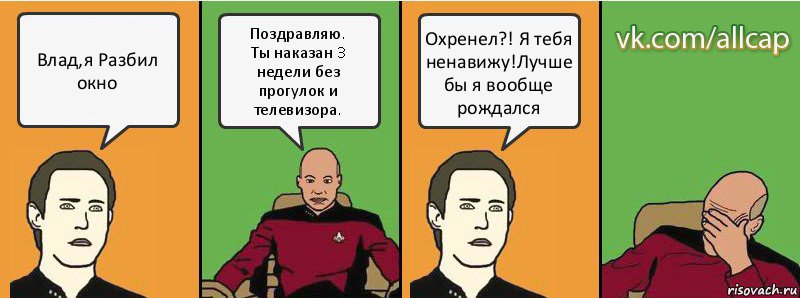 Влад,я Разбил окно Поздравляю.
Ты наказан 3 недели без прогулок и телевизора. Охренел?! Я тебя ненавижу!Лучше бы я вообще рождался, Комикс с Кепом