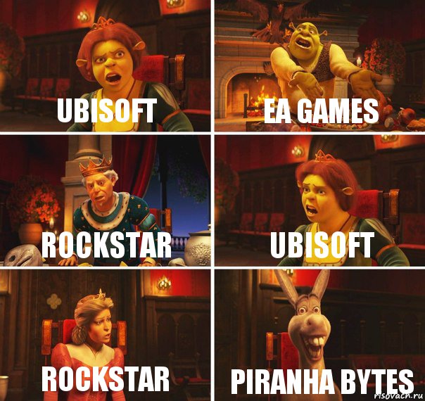 Ubisoft EA Games Rockstar Ubisoft Rockstar Piranha Bytes, Комикс  Шрек Фиона Гарольд Осел