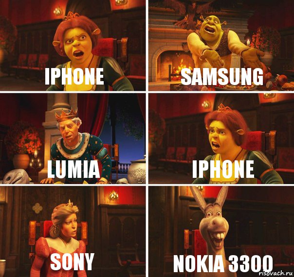 iPhone Samsung Lumia iPhone Sony Nokia 3300, Комикс  Шрек Фиона Гарольд Осел