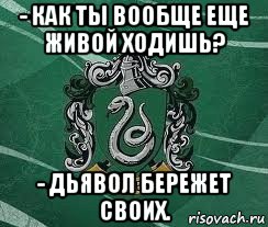 - как ты вообще еще живой ходишь? - дьявол бережет своих., Мем Слизерин