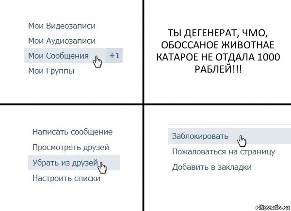 ТЫ ДЕГЕНЕРАТ, ЧМО, ОБОССАНОЕ ЖИВОТНАЕ КАТАРОЕ НЕ ОТДАЛА 1000 РАБЛЕЙ!!!, Комикс  Удалить из друзей