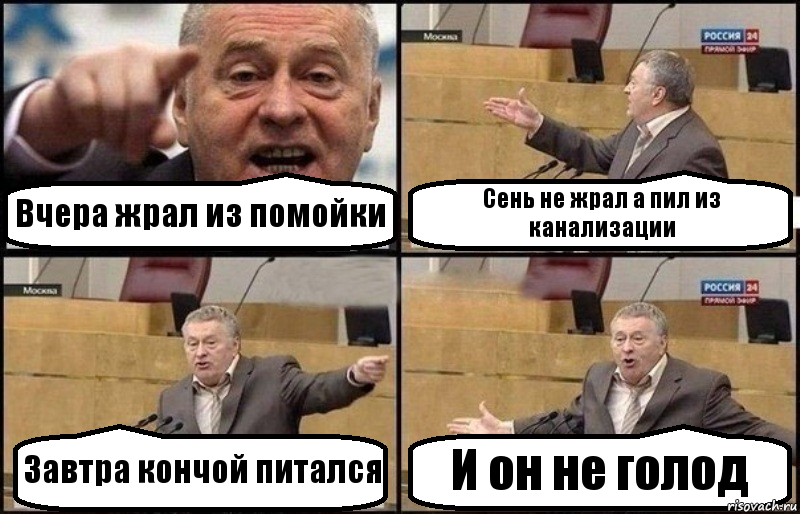 Вчера жрал из помойки Сень не жрал а пил из канализации Завтра кончой питался И он не голод, Комикс Жириновский