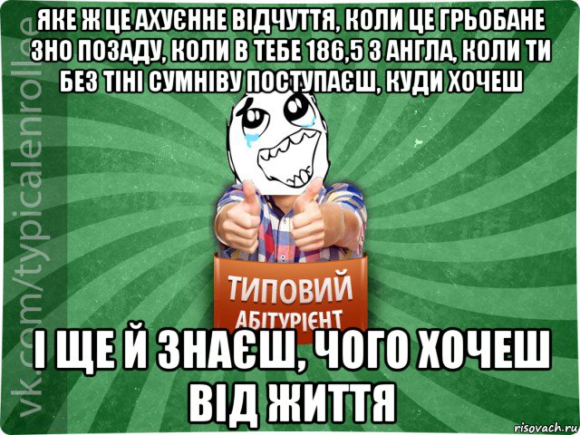 яке ж це ахуєнне відчуття, коли це грьобане зно позаду, коли в тебе 186,5 з англа, коли ти без тіні сумніву поступаєш, куди хочеш і ще й знаєш, чого хочеш від життя, Мем абтура3