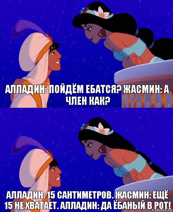 Алладин: пойдём ебатся? Жасмин: А член как? Алладин: 15 сантиметров. Жасмин: ещё 15 не хватает. Алладин: да ёбаный в рот!, Комикс  Алладин и Жасмин