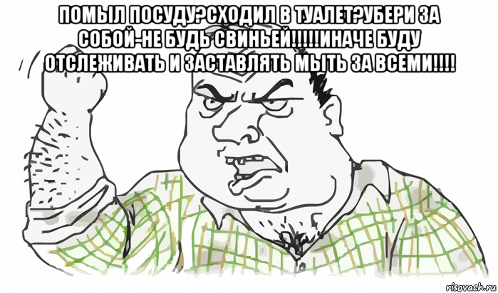 помыл посуду?сходил в туалет?убери за собой-не будь свиньей!!!!!иначе буду отслеживать и заставлять мыть за всеми!!!! , Мем Будь мужиком