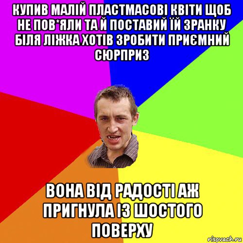 купив малій пластмасові квіти щоб не пов*яли та й поставий їй зранку біля ліжка хотів зробити приємний сюрприз вона від радості аж пригнула із шостого поверху, Мем Чоткий паца