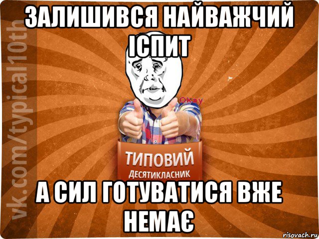 залишився найважчий іспит а сил готуватися вже немає, Мем десятиклассник13