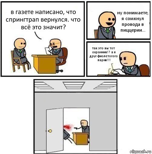 в газете написано, что спрингтрап вернулся. что всё это значит? ну понимаете, я сомкнул провода в пиццерии... так это вы тот охранник!? а я друг фиолетогого парня!!! , Комикс   Не приняты