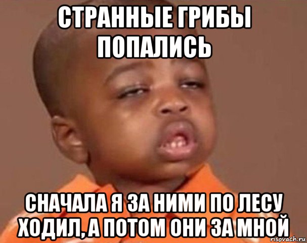 странные грибы попались сначала я за ними по лесу ходил, а потом они за мной, Мем  Какой пацан (негритенок)