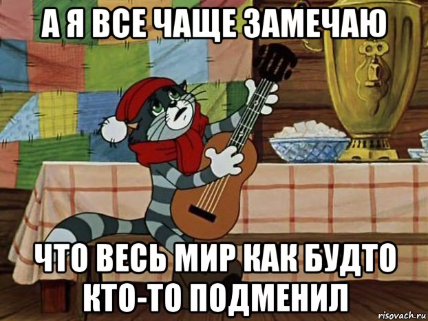 а я все чаще замечаю что весь мир как будто кто-то подменил, Мем Кот Матроскин с гитарой