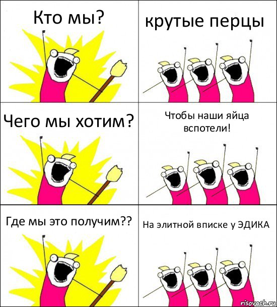 Кто мы? крутые перцы Чего мы хотим? Чтобы наши яйца вспотели! Где мы это получим?? На элитной вписке у ЭДИКА, Комикс кто мы