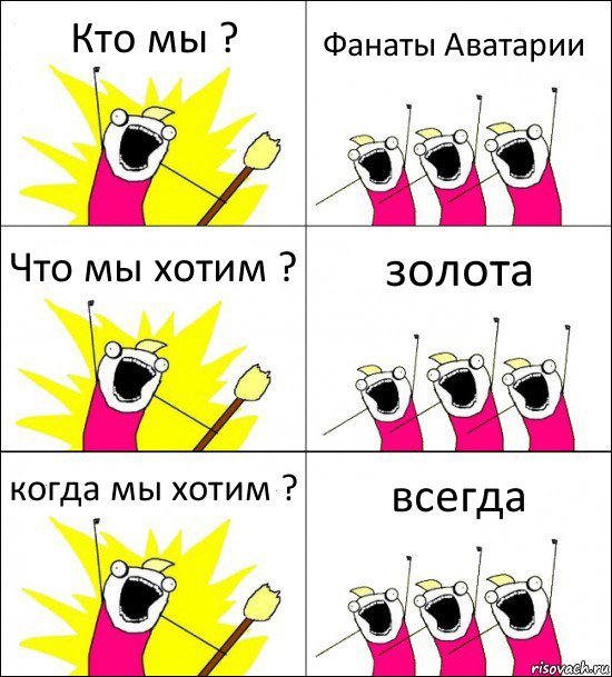 Кто мы ? Фанаты Аватарии Что мы хотим ? золота когда мы хотим ? всегда, Комикс кто мы