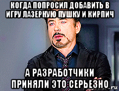 когда попросил добавить в игру лазерную пушку и кирпич а разработчики приняли это серьезно