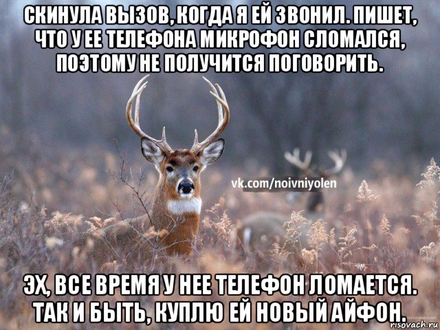 скинула вызов, когда я ей звонил. пишет, что у ее телефона микрофон сломался, поэтому не получится поговорить. эх, все время у нее телефон ломается. так и быть, куплю ей новый айфон.