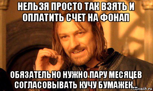 нельзя просто так взять и оплатить счет на фонап обязательно нужно пару месяцев согласовывать кучу бумажек..., Мем Нельзя просто так взять и (Боромир мем)