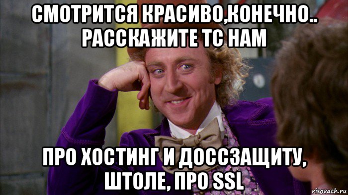 смотрится красиво,конечно.. расскажите тс нам про хостинг и доссзащиту, штоле, про ssl, Мем Ну давай расскажи (Вилли Вонка)