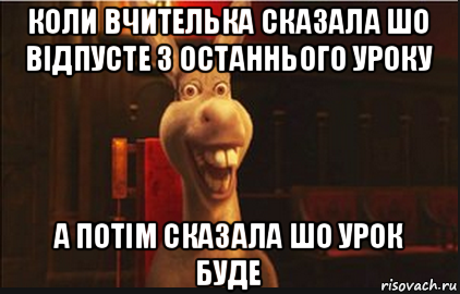 коли вчителька сказала шо відпусте з останнього уроку а потім сказала шо урок буде, Мем Осел из Шрека