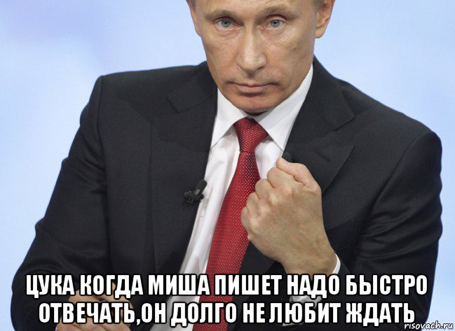  цука когда миша пишет надо быстро отвечать,он долго не любит ждать, Мем Путин показывает кулак