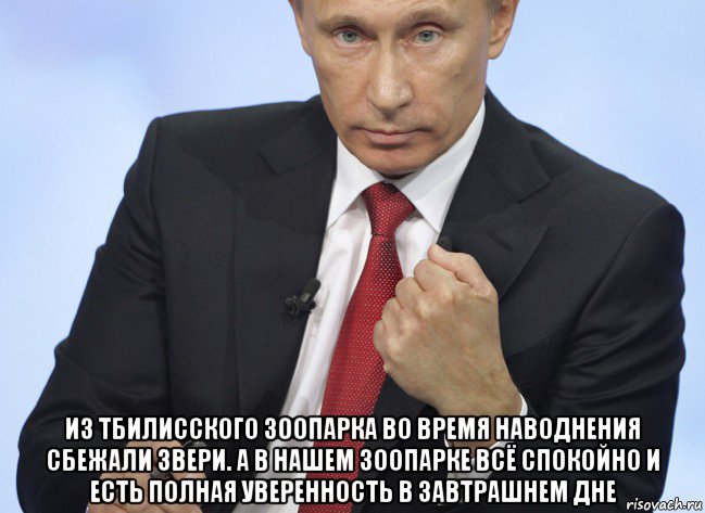  из тбилисского зоопарка во время наводнения сбежали звери. а в нашем зоопарке всё спокойно и есть полная уверенность в завтрашнем дне, Мем Путин показывает кулак