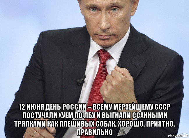  12 июня день россии – всему мерзейшему ссср постучали хуем по лбу и выгнали ссанными тряпками как плешивых собак. хорошо. приятно. правильно, Мем Путин показывает кулак