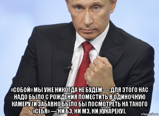  «собой» мы уже никогда не будем — для этого нас надо было с рождения поместить в одиночную камеру (и забавно было бы посмотреть на такого «себя» — ни бэ, ни мэ, ни кукареку)., Мем Путин показывает кулак