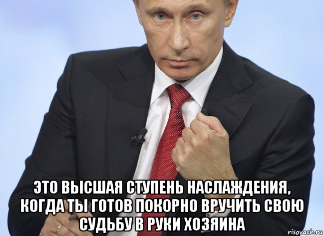  это высшая ступень наслаждения, когда ты готов покорно вручить свою судьбу в руки хозяина, Мем Путин показывает кулак