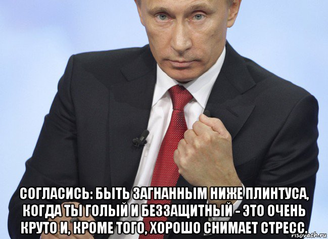  согласись: быть загнанным ниже плинтуса, когда ты голый и беззащитный - это очень круто и, кроме того, хорошо снимает стресс., Мем Путин показывает кулак