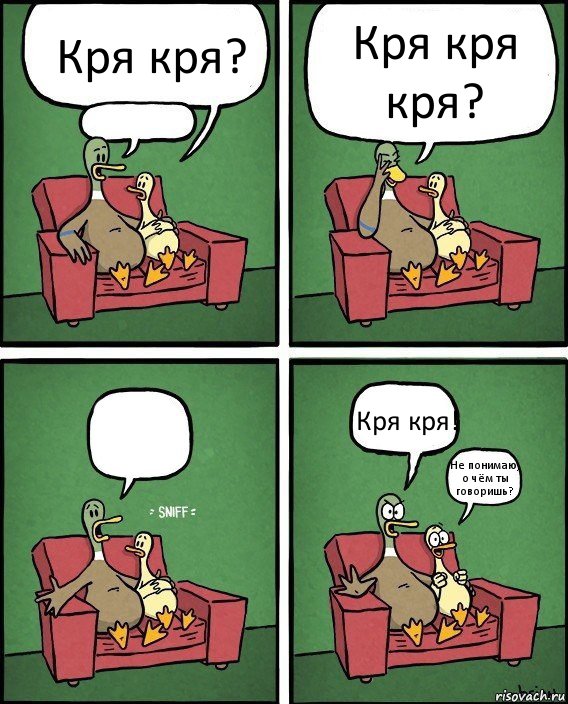 Кря кря?  Кря кря кря?  Кря кря! Не понимаю, о чём ты говоришь?