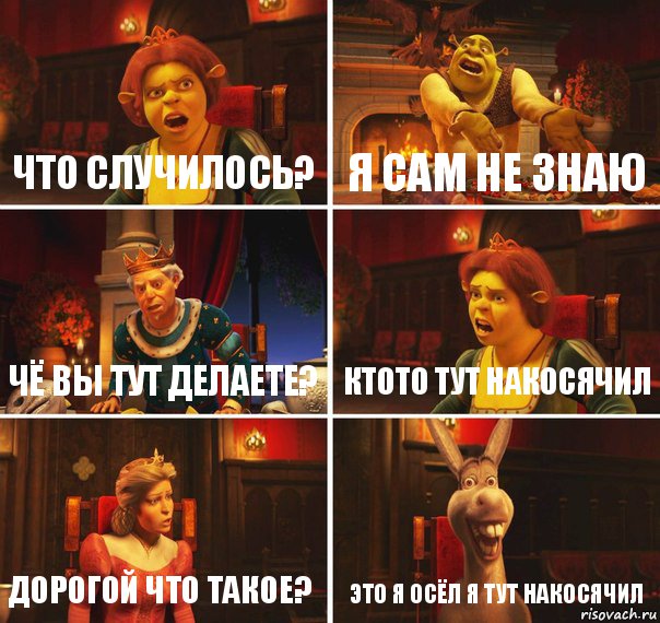 что случилось? я сам не знаю чё вы тут делаете? ктото тут накосячил дорогой что такое? это я осёл я тут накосячил, Комикс  Шрек Фиона Гарольд Осел