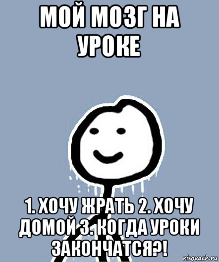 мой мозг на уроке 1. хочу жрать 2. хочу домой 3. когда уроки закончатся?!, Мем  Теребонька замерз