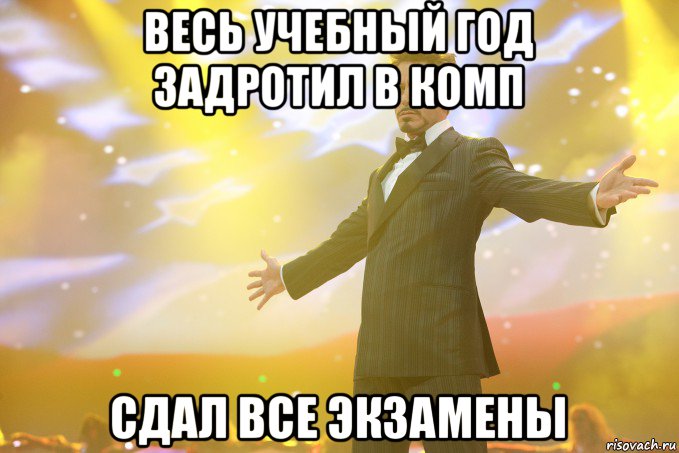 весь учебный год задротил в комп сдал все экзамены, Мем Тони Старк (Роберт Дауни младший)