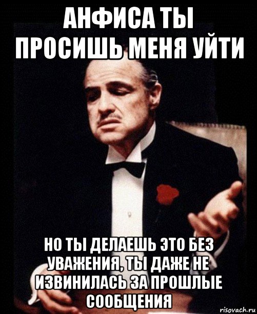 анфиса ты просишь меня уйти но ты делаешь это без уважения, ты даже не извинилась за прошлые сообщения, Мем ты делаешь это без уважения