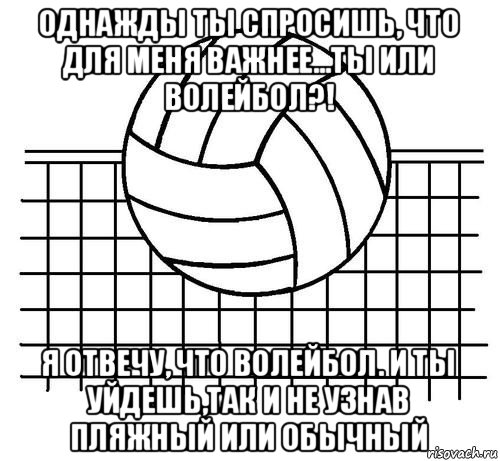 однажды ты спросишь, что для меня важнее...ты или волейбол?! я отвечу, что волейбол. и ты уйдешь,так и не узнав пляжный или обычный, Мем Волейбол