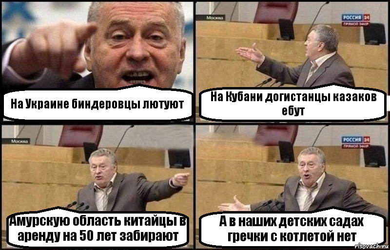 На Украине биндеровцы лютуют На Кубани догистанцы казаков ебут Амурскую область китайцы в аренду на 50 лет забирают А в наших детских садах гречки с котлетой нет, Комикс Жириновский